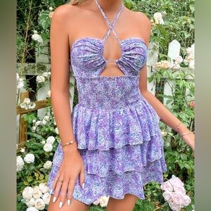 SHEIN Floral Print Backless Halter Dress- Liliac Purple L (8/10)